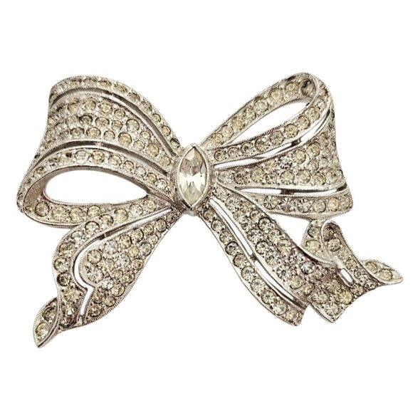 Silver Tone Clear Rhinestone Bow Brooch Rhodium Plated L867 - Picture 10 of 10